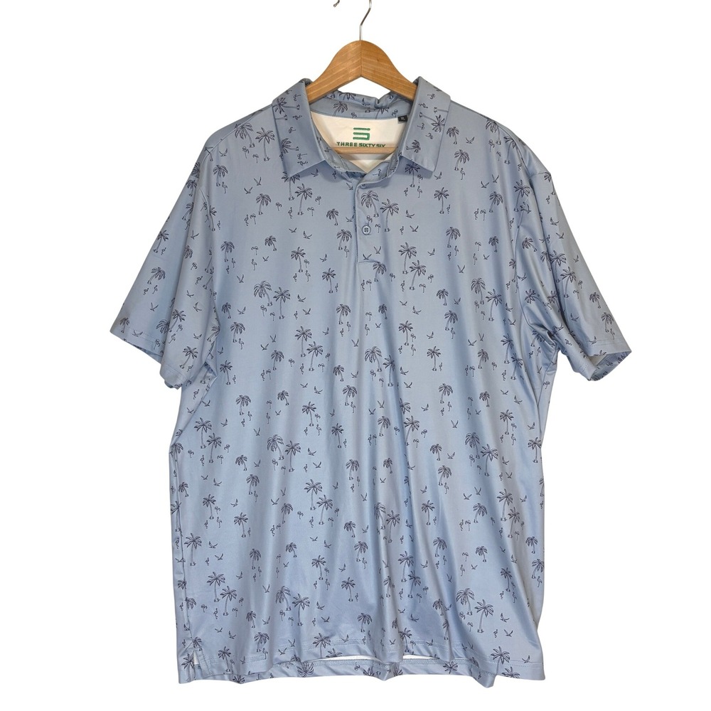 Three Sixty Six Golf Polo Mens XL‎ Light Blue Palm Tree Flamingo Performance